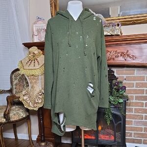 Distressed Longline Hoodie from Love Culture MED Olive Green